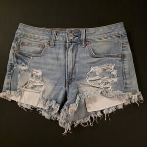 American Eagle Hi-Rise Festival Denim Shorts Size 6 Blue Light Wash Distressed